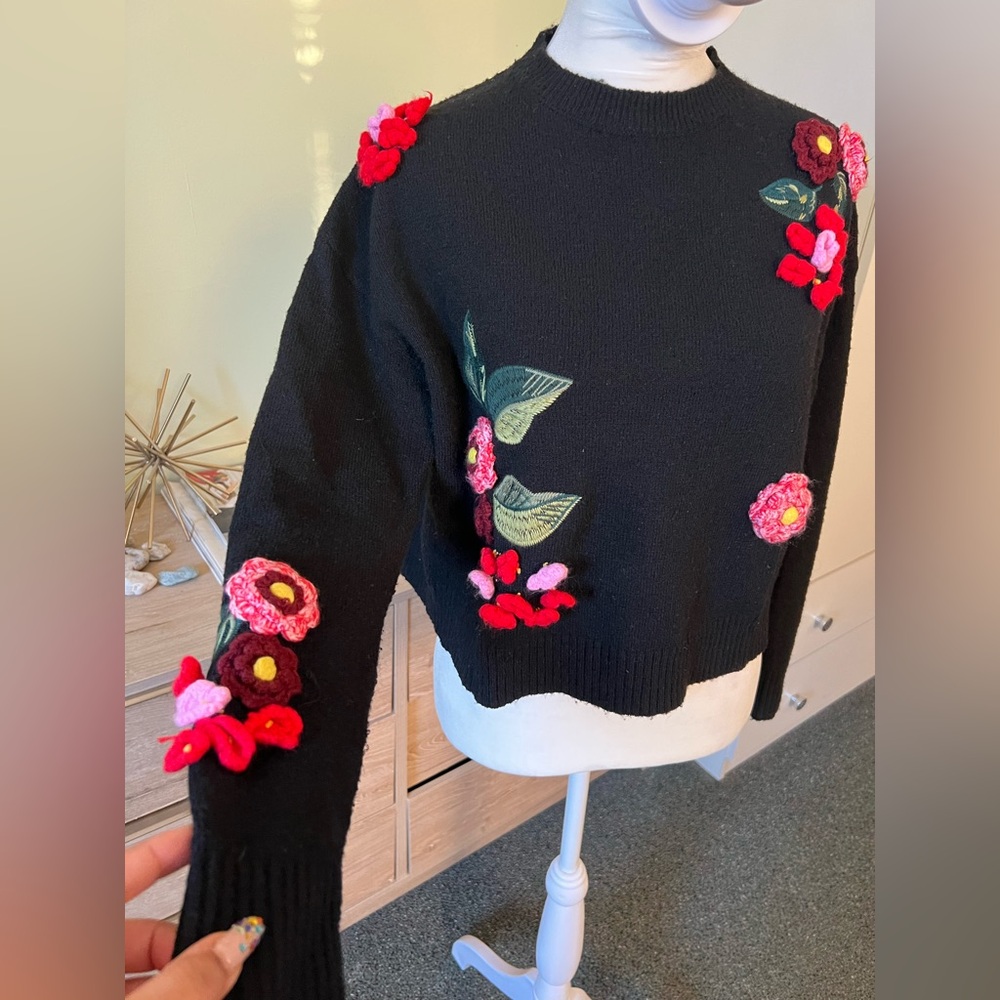 3D Flower Appliqué Tufted Embroidered Wool Blend Oversized Baggy Modest Sweater - Picture 10 of 16